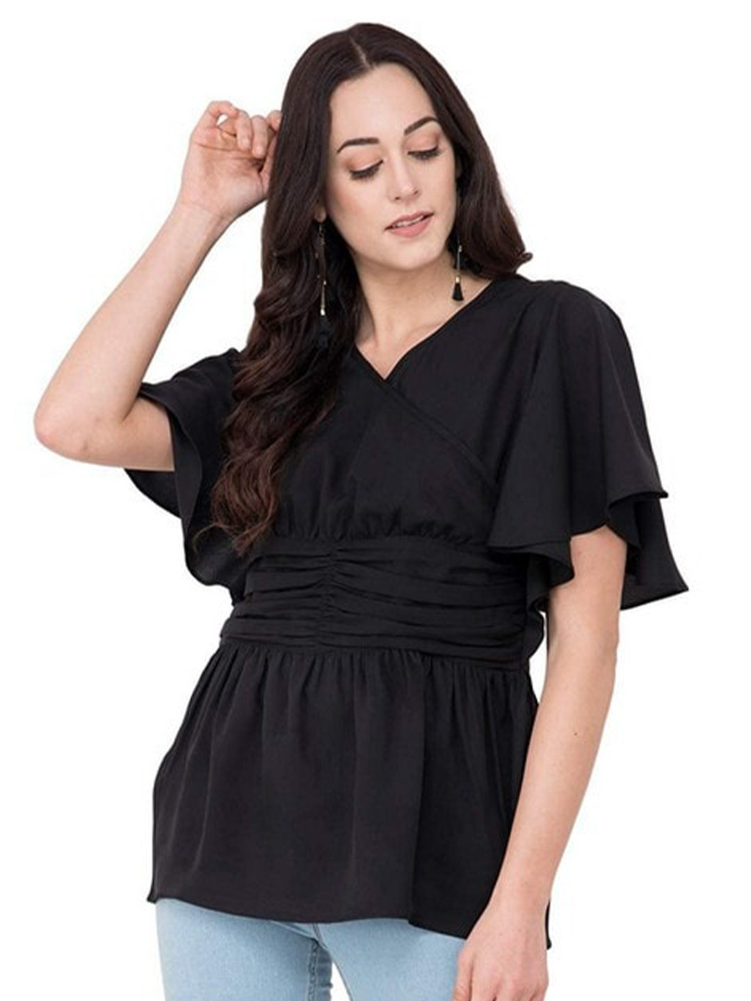 

Karmic Vision Flutter Sleeves V-Neck Top, Black