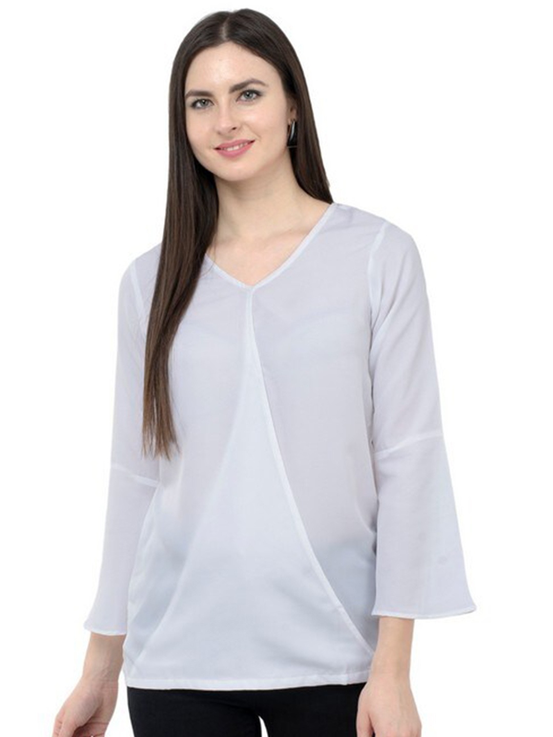 

Karmic Vision V-Neck Bell Sleeve Crepe Wrap Top, White