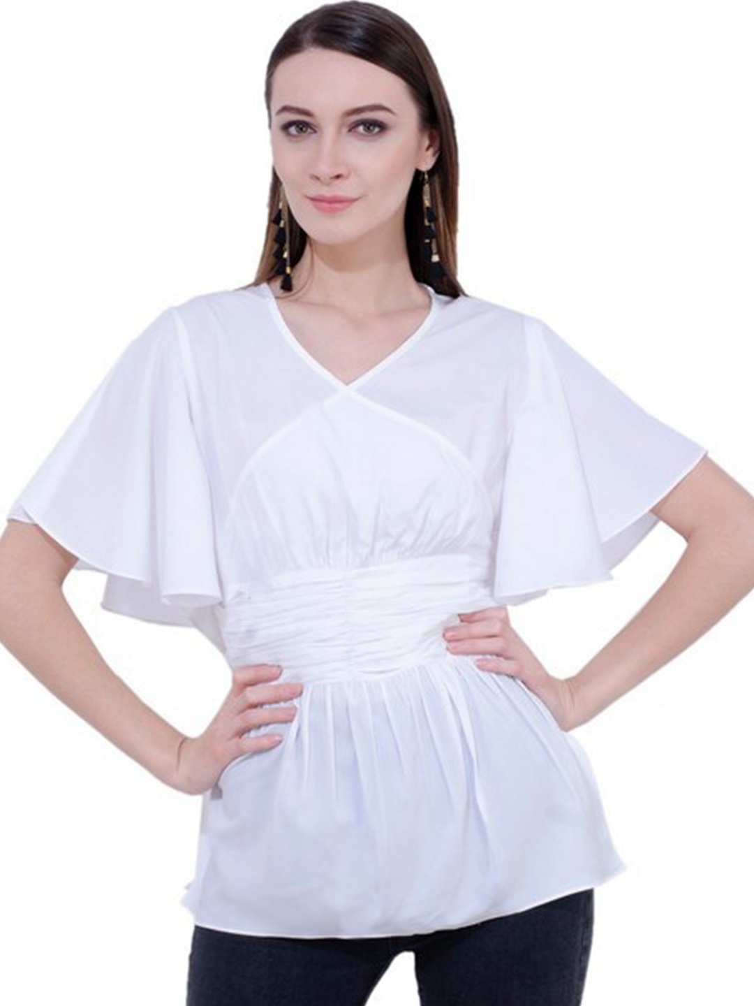 

Karmic Vision V-Neck Kimono Sleeve Crepe Cinched Waist Top, White