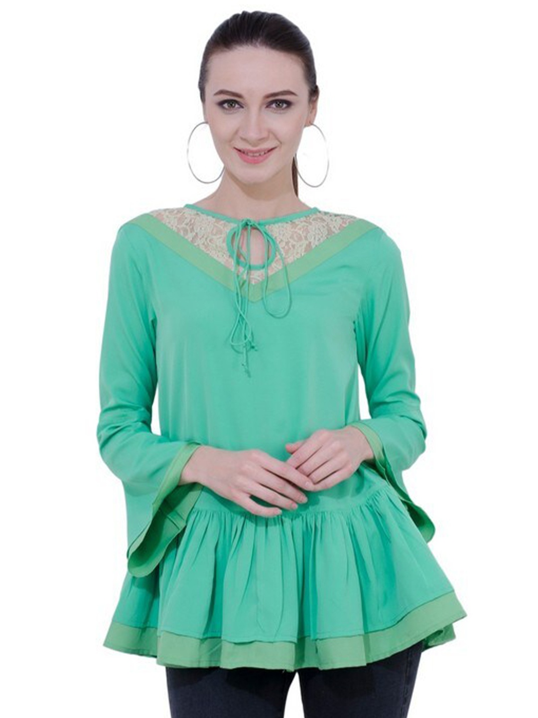 

Karmic Vision Tie-Up Neck Bell Sleeve Crepe Top, Green