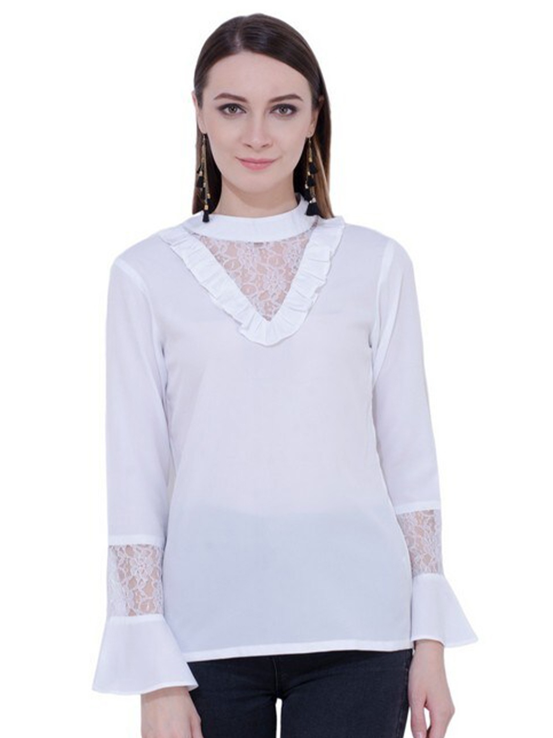 

Karmic Vision High Neck Lace Inserts Top, White