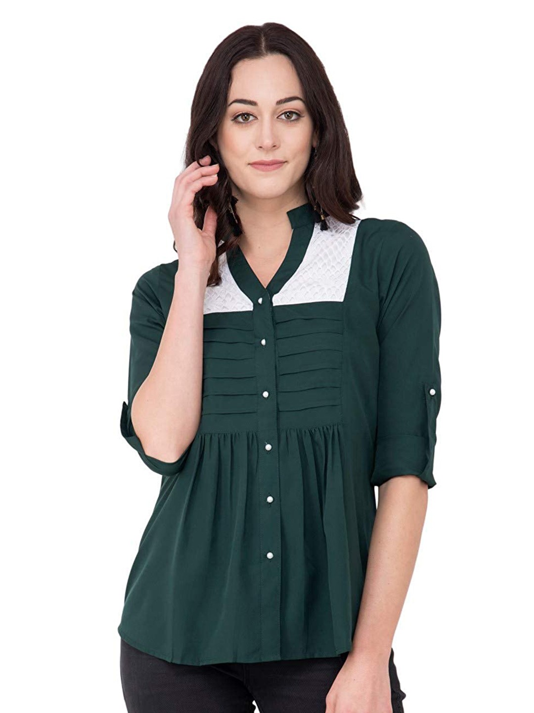 

Karmic Vision Roll-Up Sleeves Pleated A-Line Top, Green
