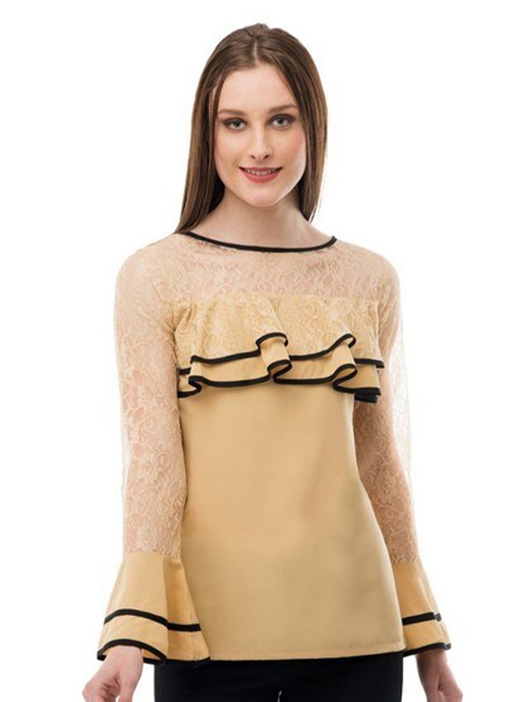 

Karmic Vision Round Neck Lace Inserts Top, Beige