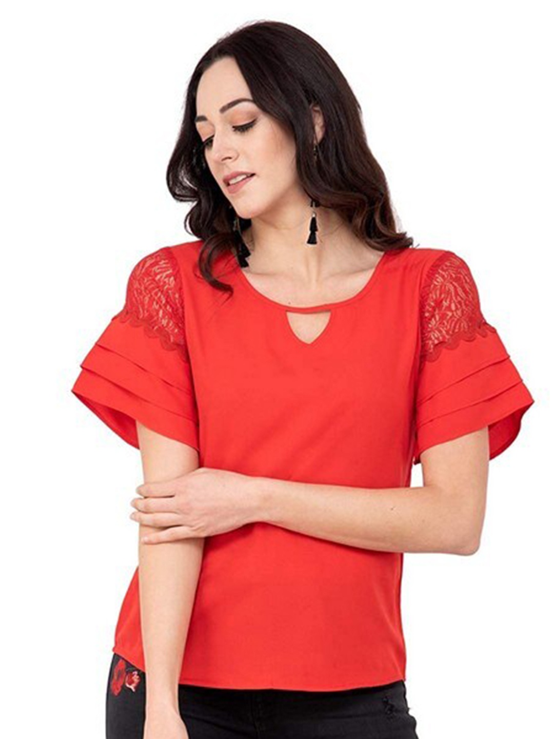 

Karmic Vision Crepe Round Neck Regular Top, Red