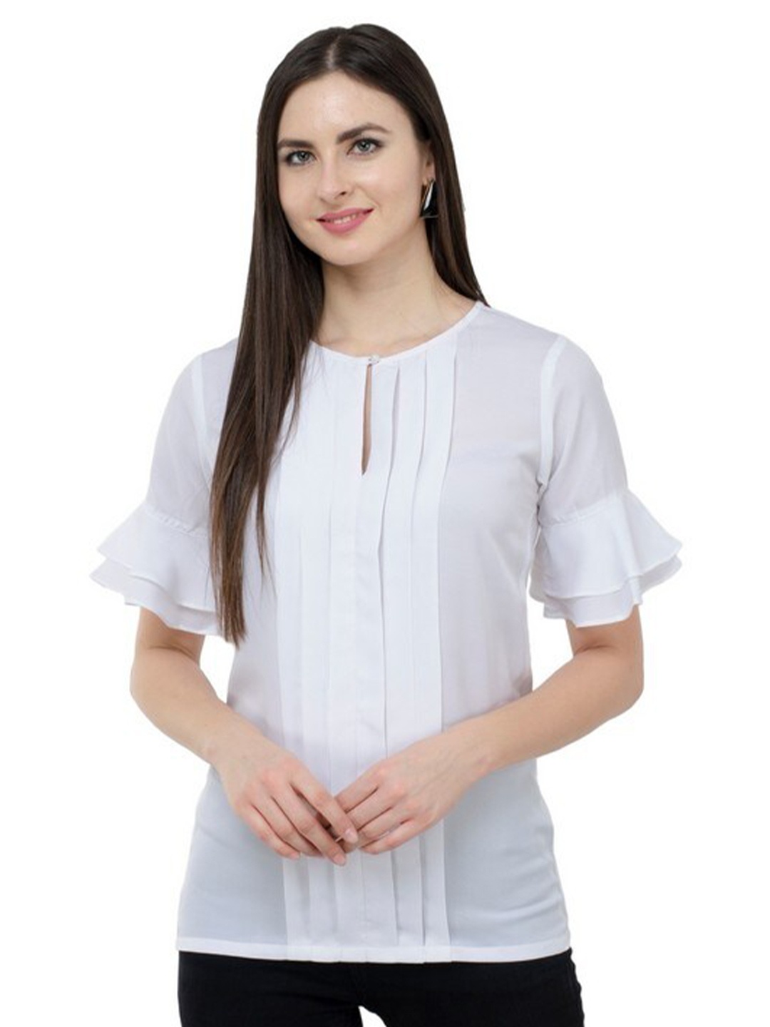

Karmic Vision Keyhole Neck Bell Sleeve Crepe Top, White