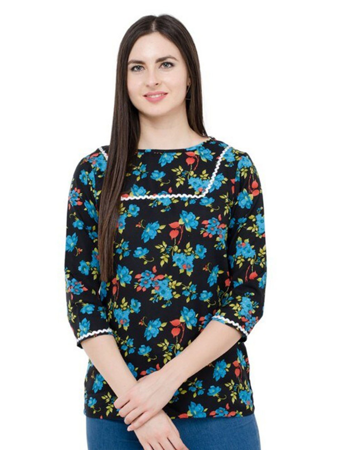 

Karmic Vision Floral Printed Round Neck Crepe Blouson Top, Black