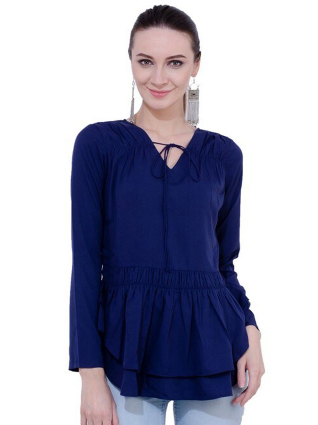 

Karmic Vision Tie-Up Neck Crepe Top, Blue