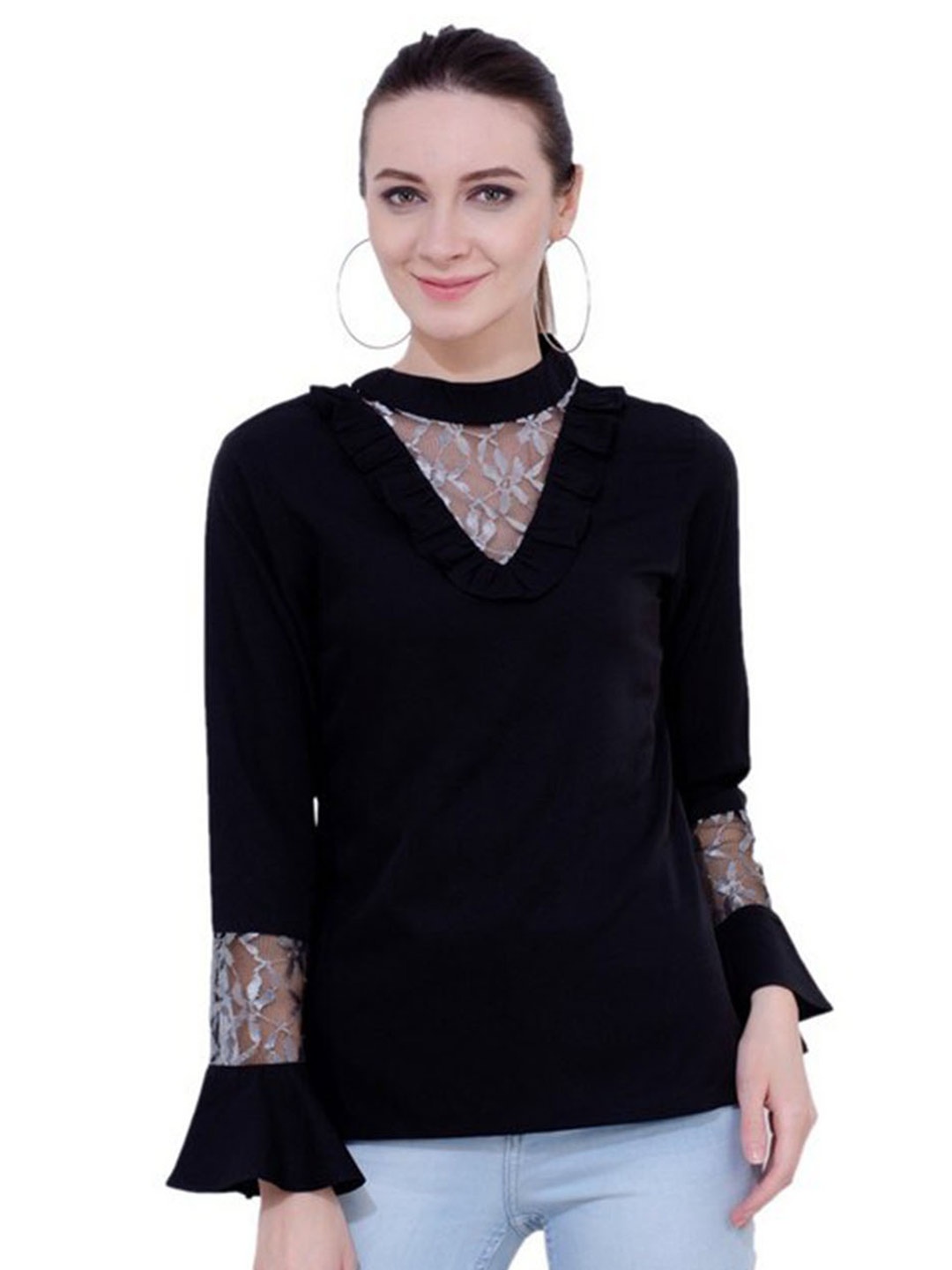 

Karmic Vision Keyhole Neck Bell Sleeve Crepe Top, Black