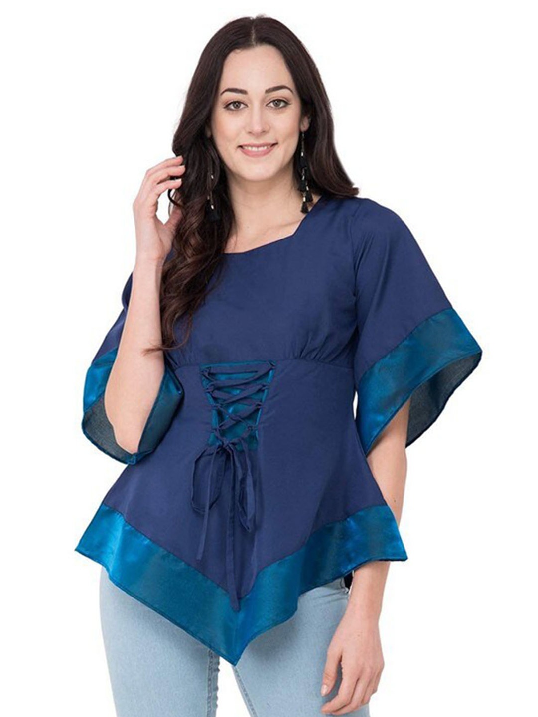 

Karmic Vision Kimono Sleeve Crepe Cinched Waist Top, Blue