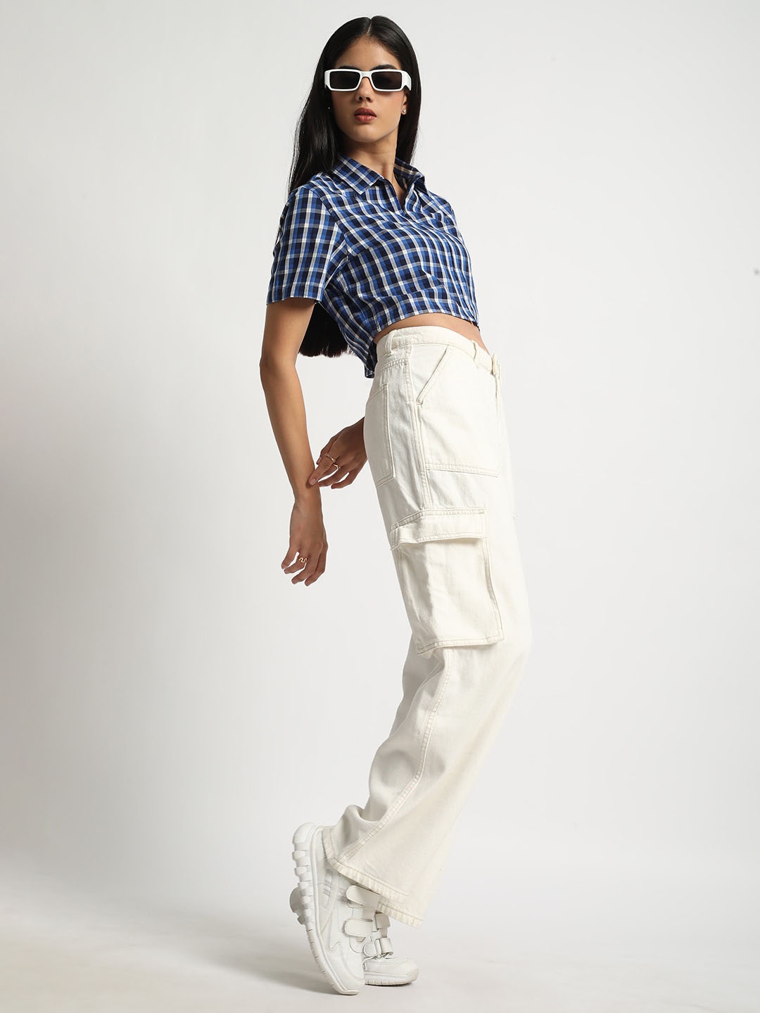 

Bene Kleed Tartan Checks Spread Collar Cotton Crop Casual Shirt, Blue