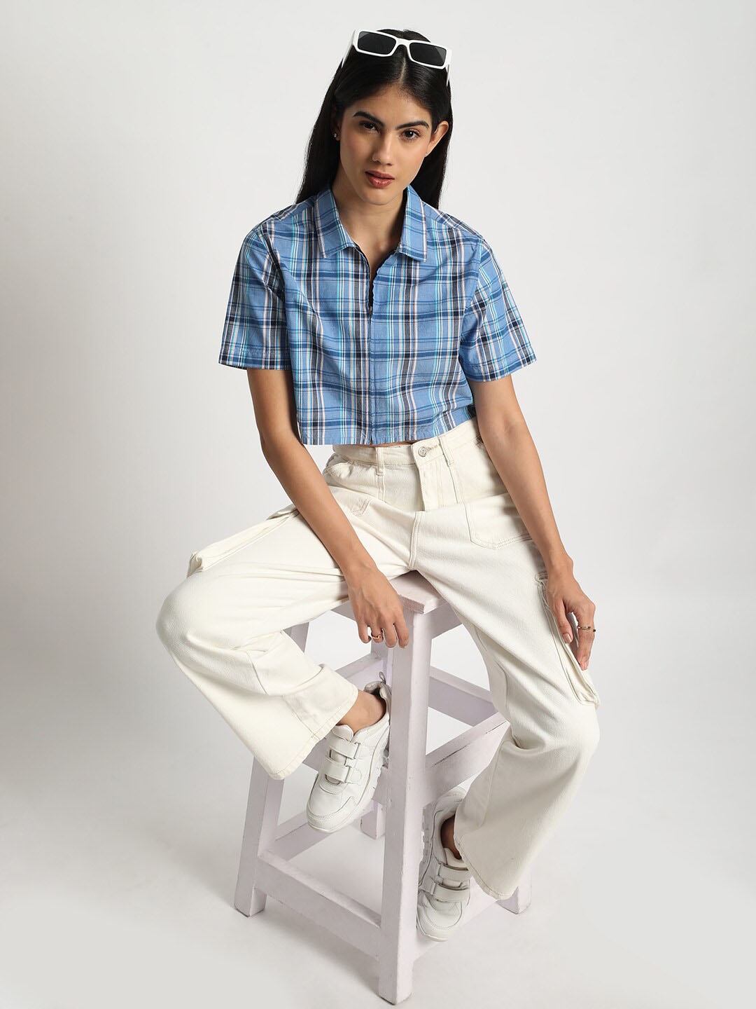 

Bene Kleed Tartan Checked Pure Cotton Crop Casual Shirt, Blue