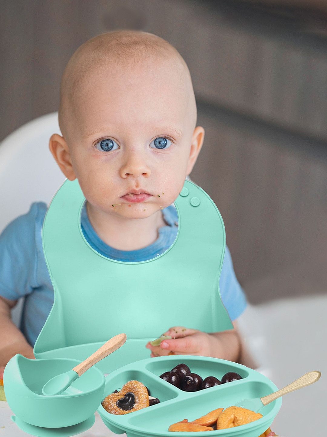 

BAESD Kids 5 Pcs Silicone Waterproof Baby Utensils Set, Sea green