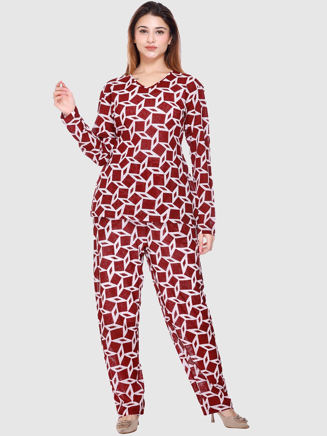 

Y&I Printed V-Neck Top & Trouser, Maroon