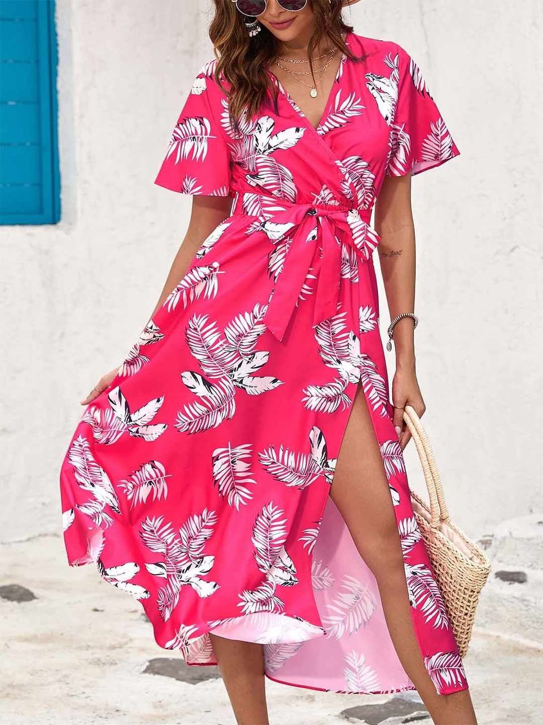 

StyleCast Red & White Tropical Printed Wrap Midi Dress