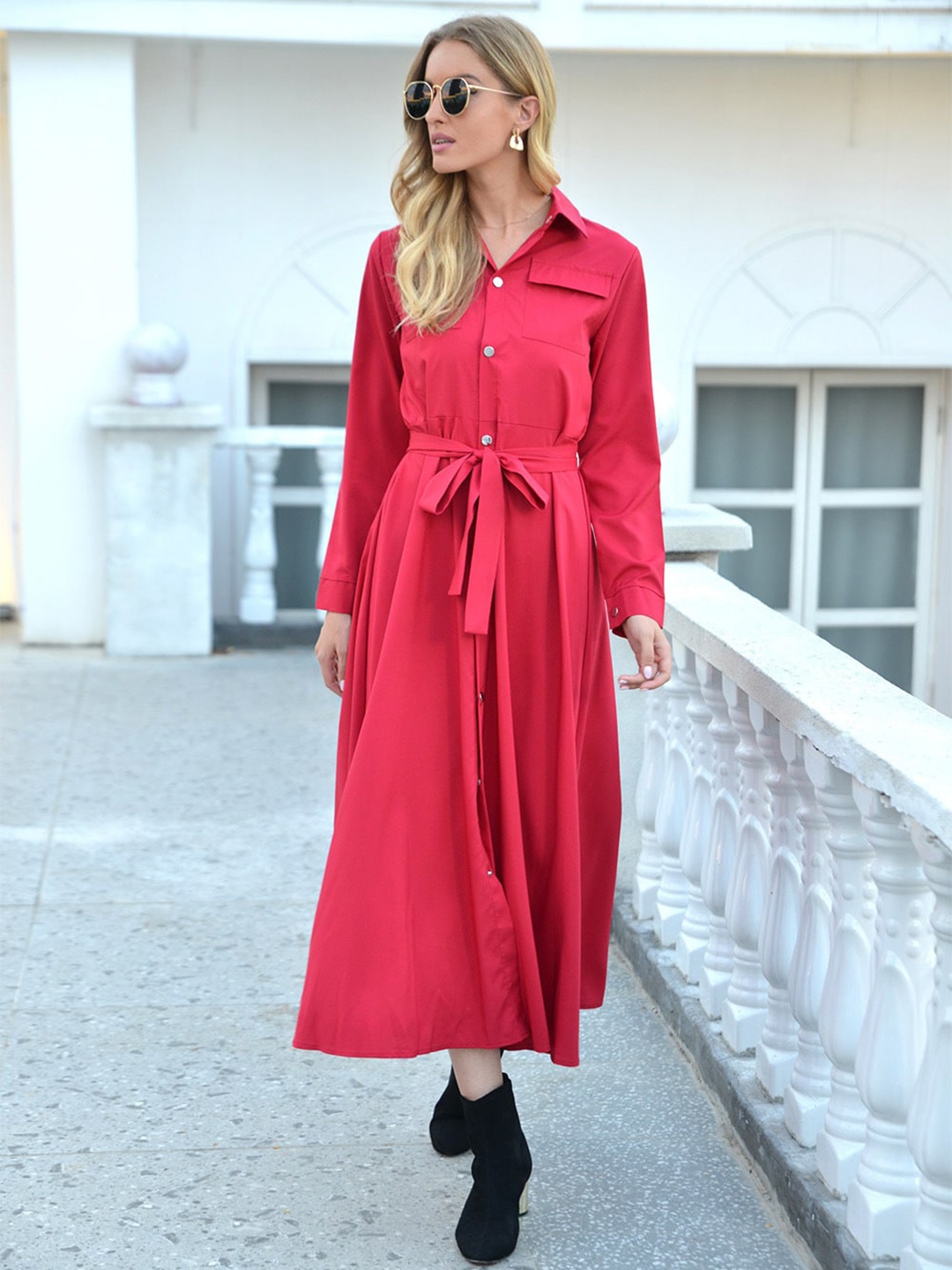 

StyleCast Red Cuffed Sleeves Shirt Midi Dress