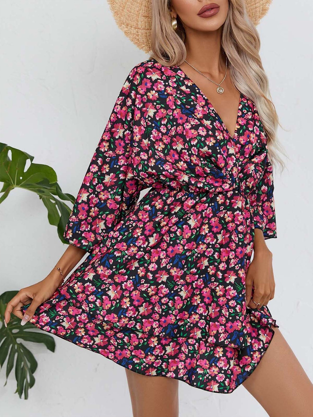 

StyleCast Floral Printed V Neck A-Line Dress, Black