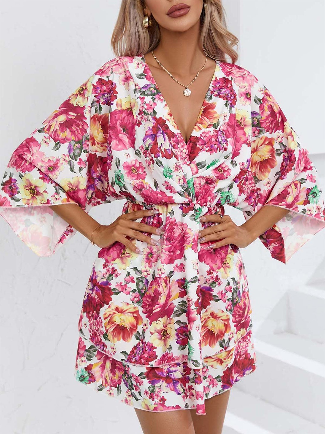 

StyleCast White Floral Printed Flared Sleeves A-Line Dress