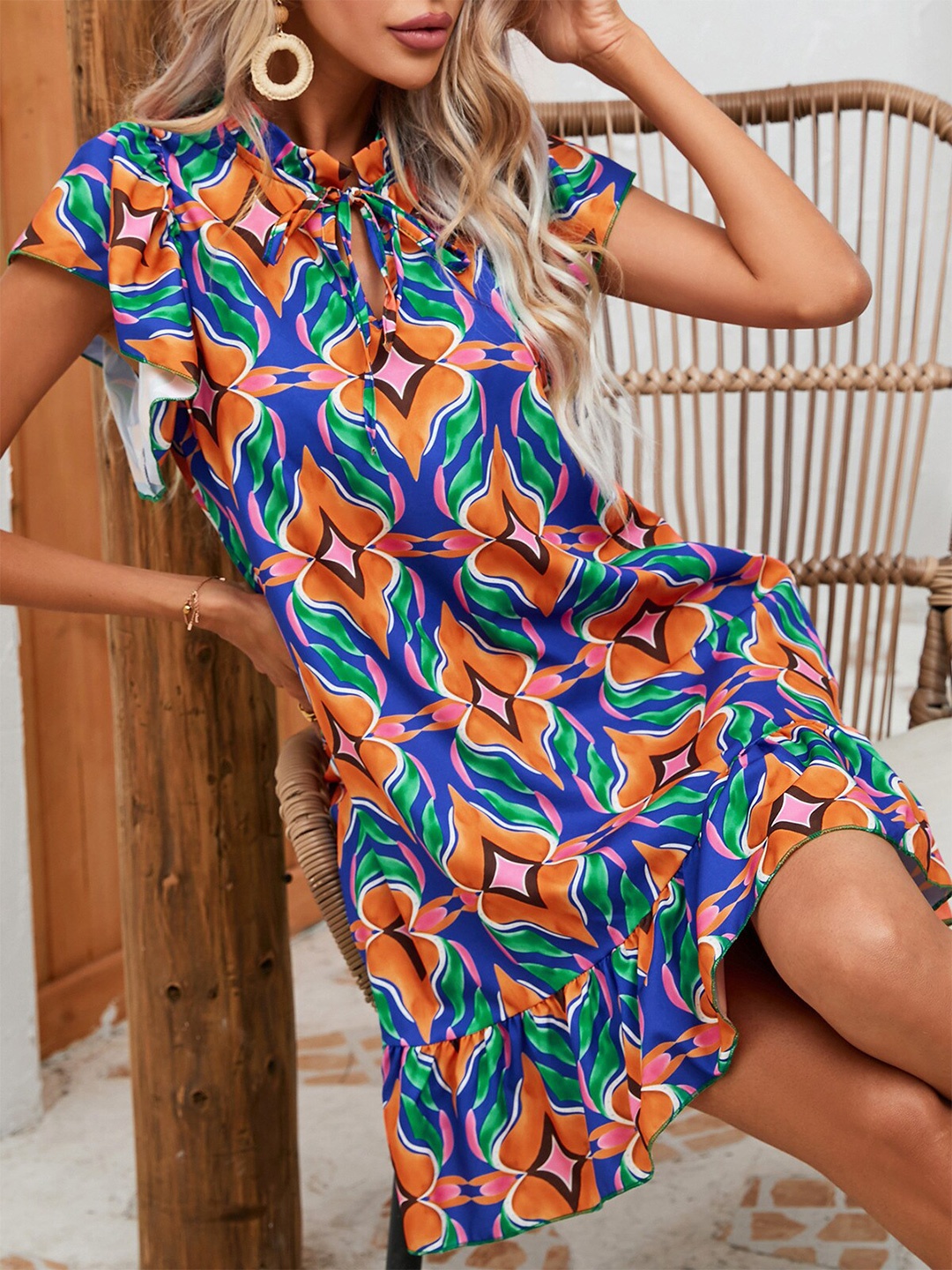 

StyleCast Blue Ethnic Print Tie-Up Neck A-Line Midi Dress