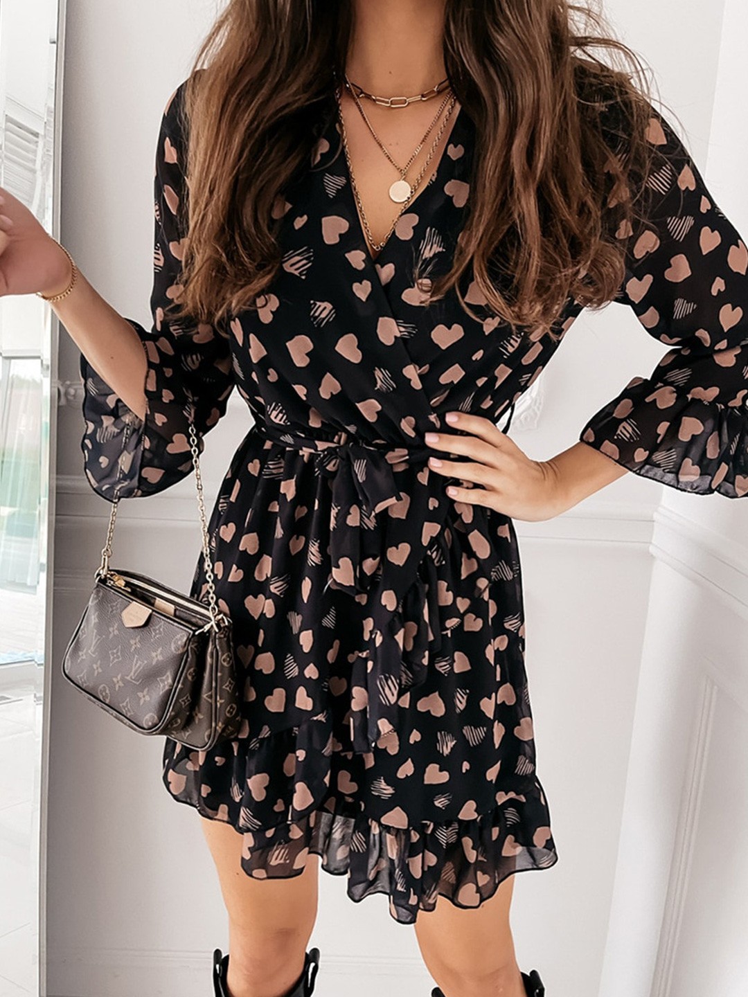 

StyleCast Black Conversational Printed Bell Sleeves Fit & Flare Mini Dress