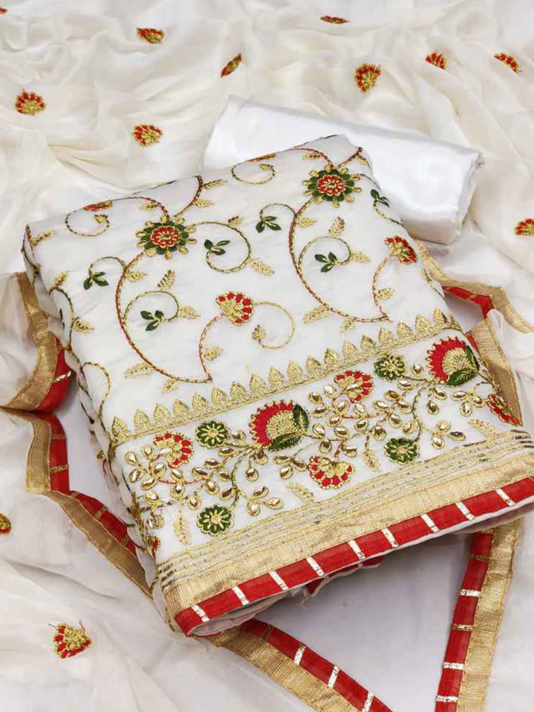 

faxofab Silk Georgette Unstitched Dress Material, White
