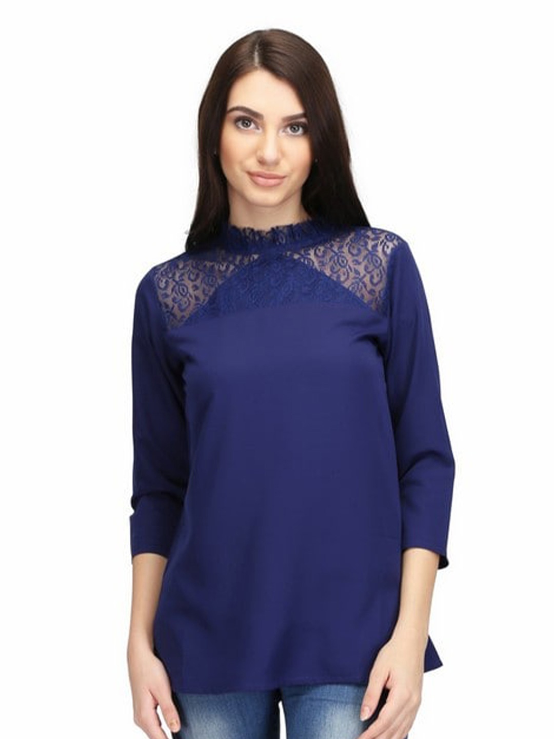 

Karmic Vision High Neck Long Sleeves Crepe Top, Blue