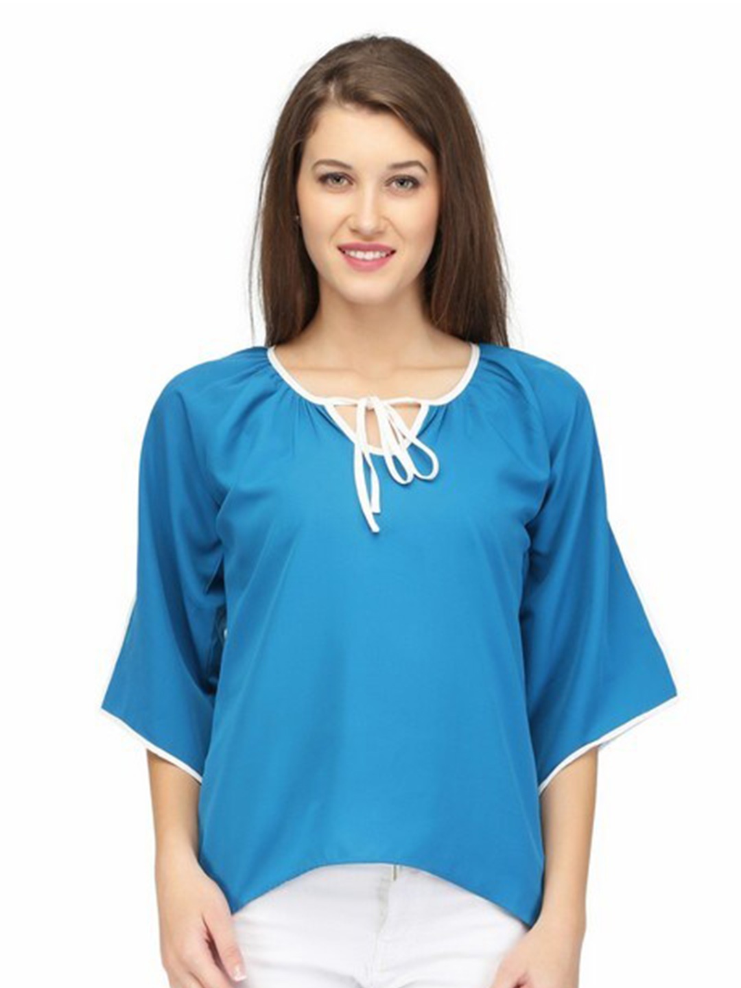 

Karmic Vision Tie-Up Neck Flared Sleeves High-Low Top, Blue
