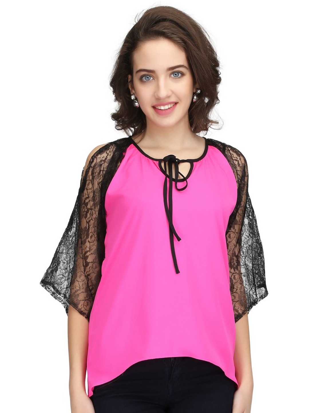 

Karmic Vision Tie-Up Neck Kimono Sleeve Crepe Kaftan Top, Pink