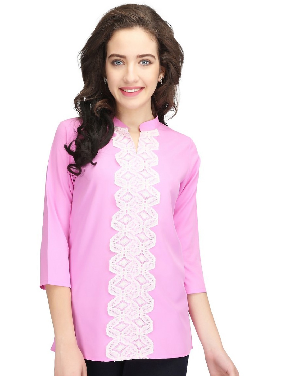 

Karmic Vision Mandarin Collar Crepe Shirt Style Top, Pink