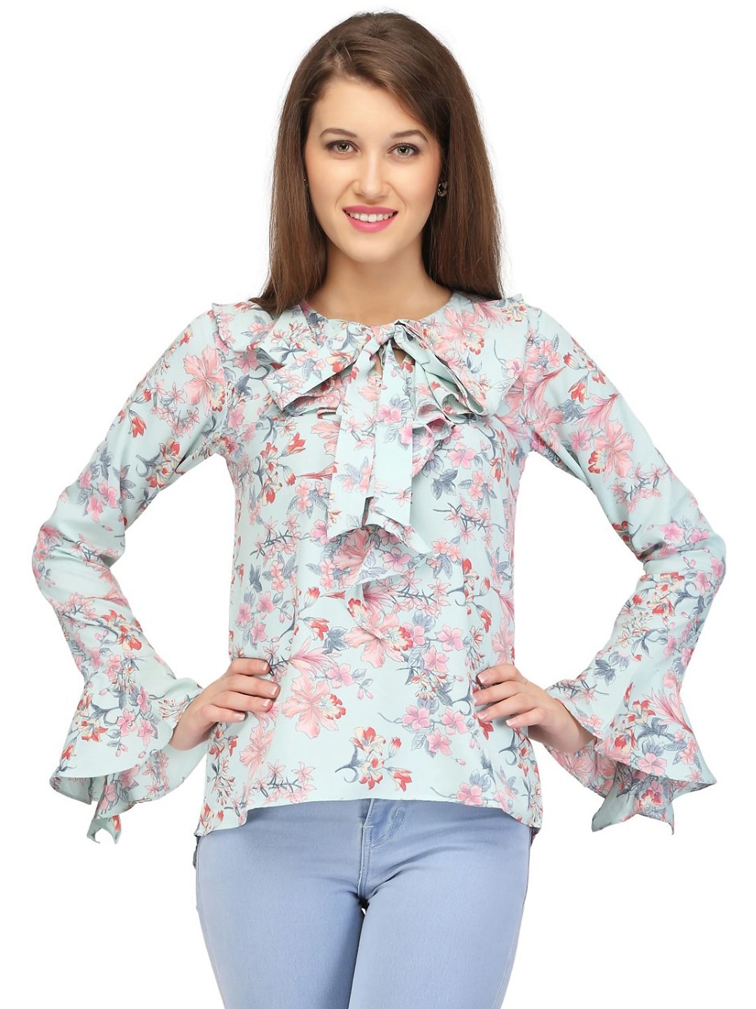 

Karmic Vision Floral Print Flared Sleeve Crepe Top, Multi