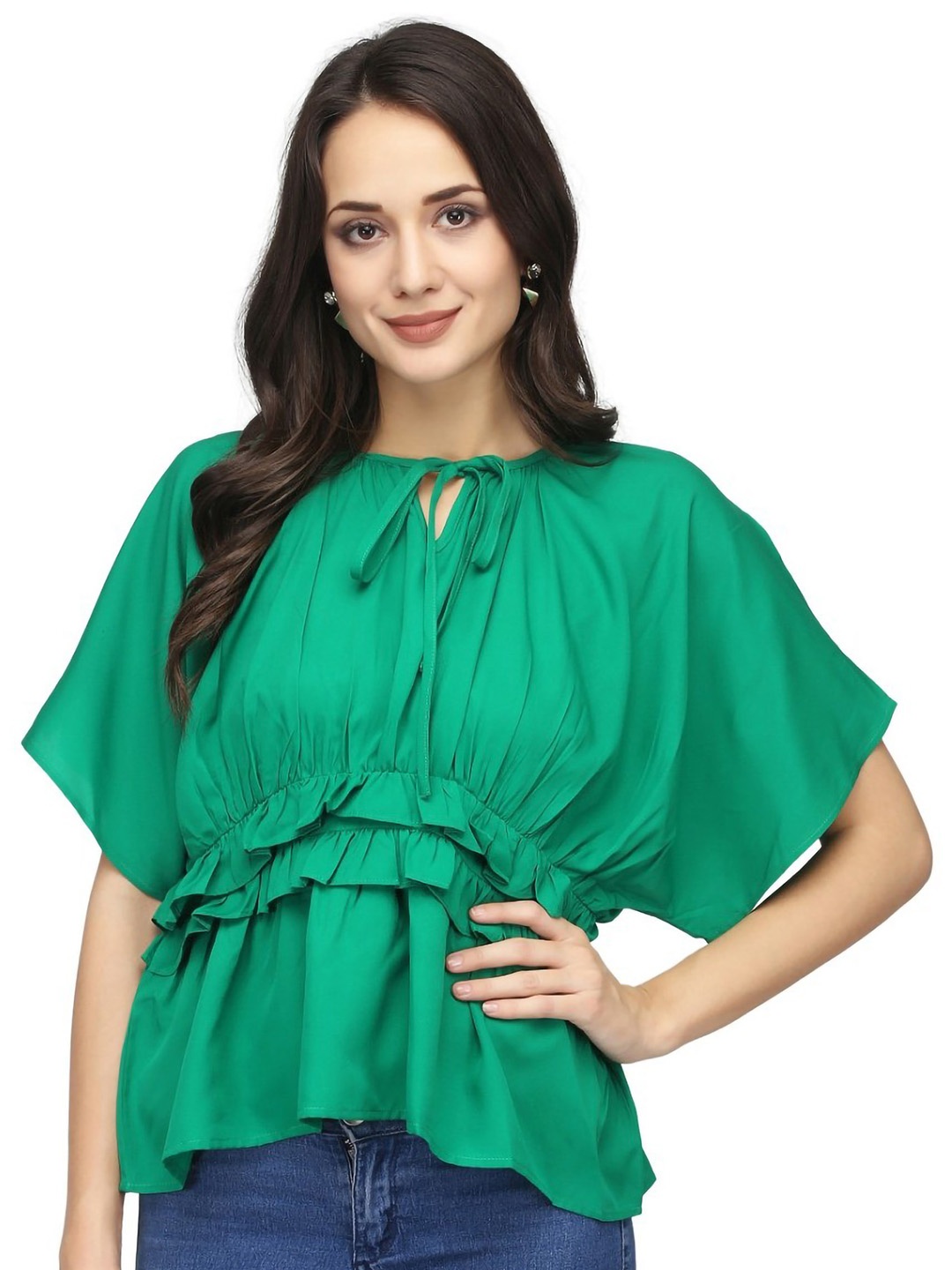 

Karmic Vision Keyhole Neck Kimono Sleeve Crepe Cinched Waist Top, Green