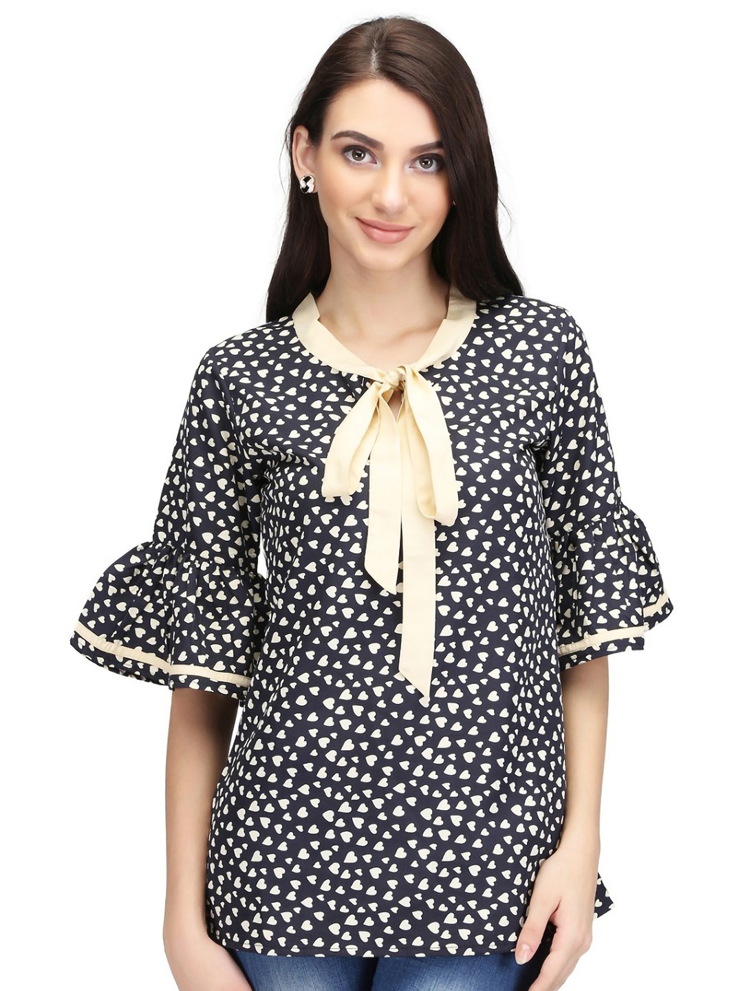 

Karmic Vision Polka Dot Print Tie-Up Neck Bell Sleeve Crepe Top, Black
