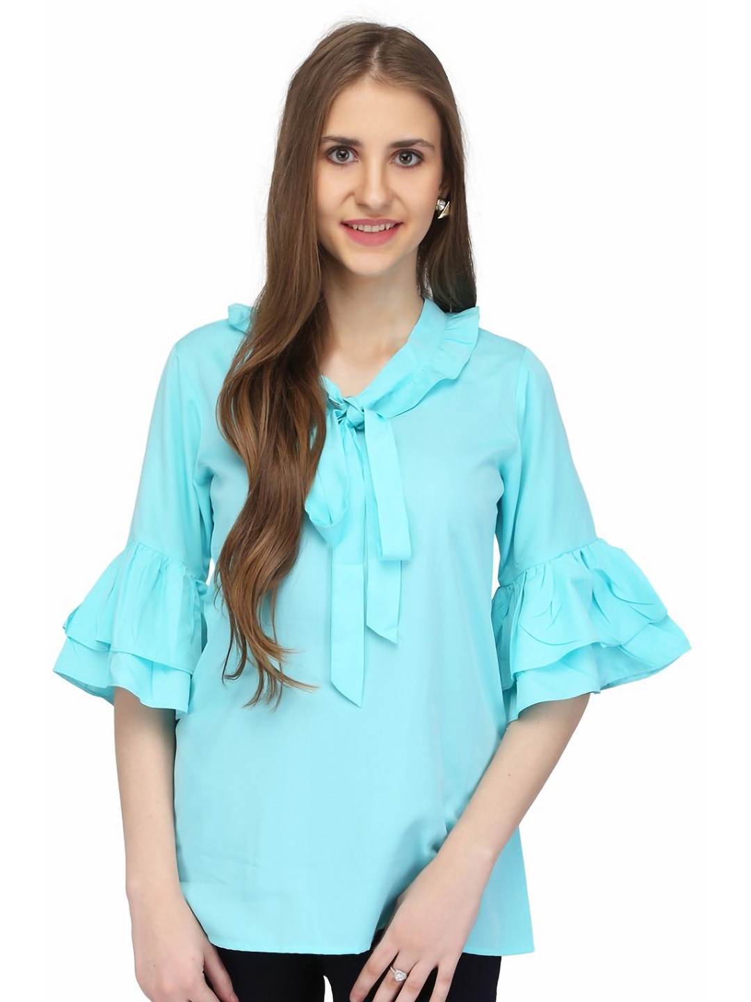 

Karmic Vision Mandarin Collar Crepe Shirt Style Top, Blue