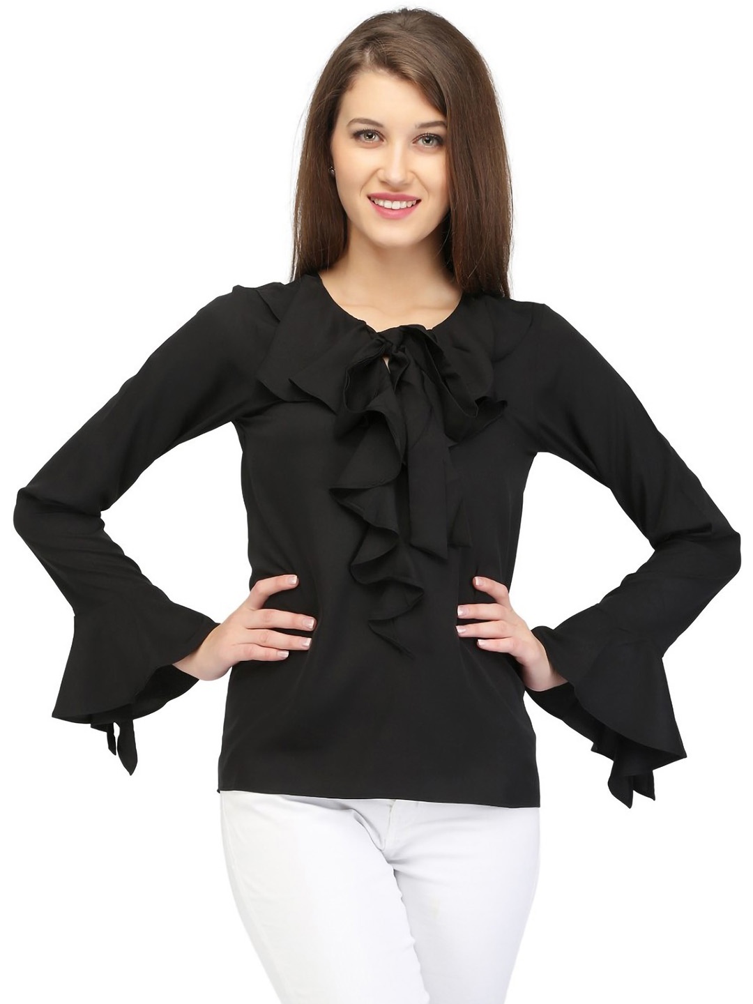 

Karmic Vision Tie-Up Neck Bell Sleeve Crepe Top, Black