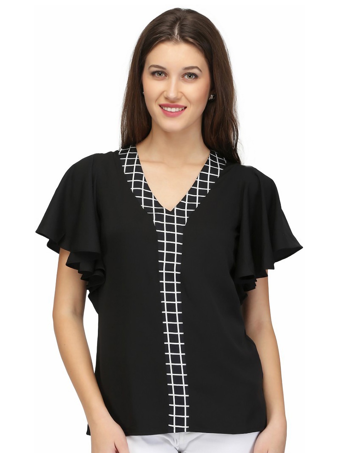 

Karmic Vision Flutter Sleeve Crepe Top, Black