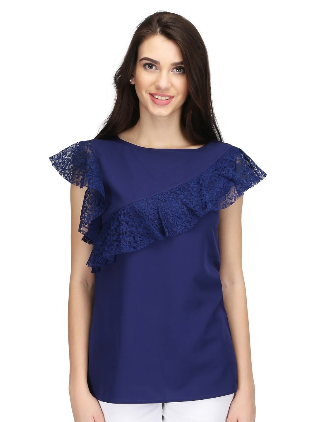 

Karmic Vision Flutter Sleeve Crepe Styled Back Top, Blue