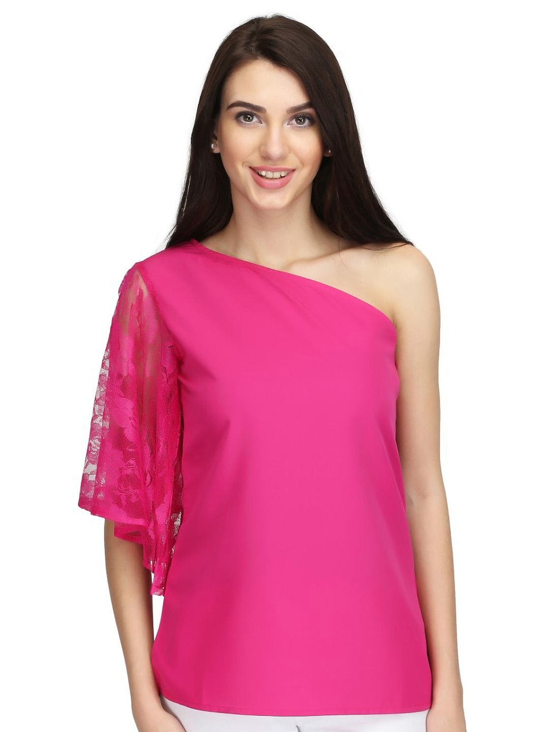 

Karmic Vision One Shoulder Flared Sleeve Crepe Top, Pink