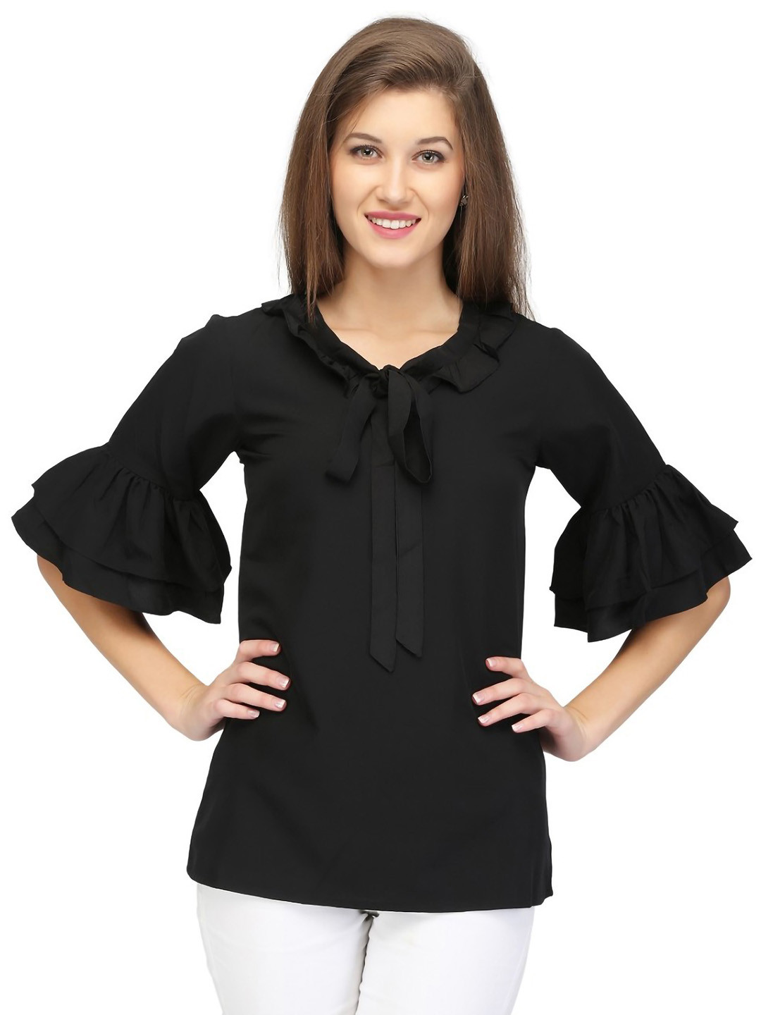

Karmic Vision Tie-Up Neck Bell Sleeve Crepe Top, Black