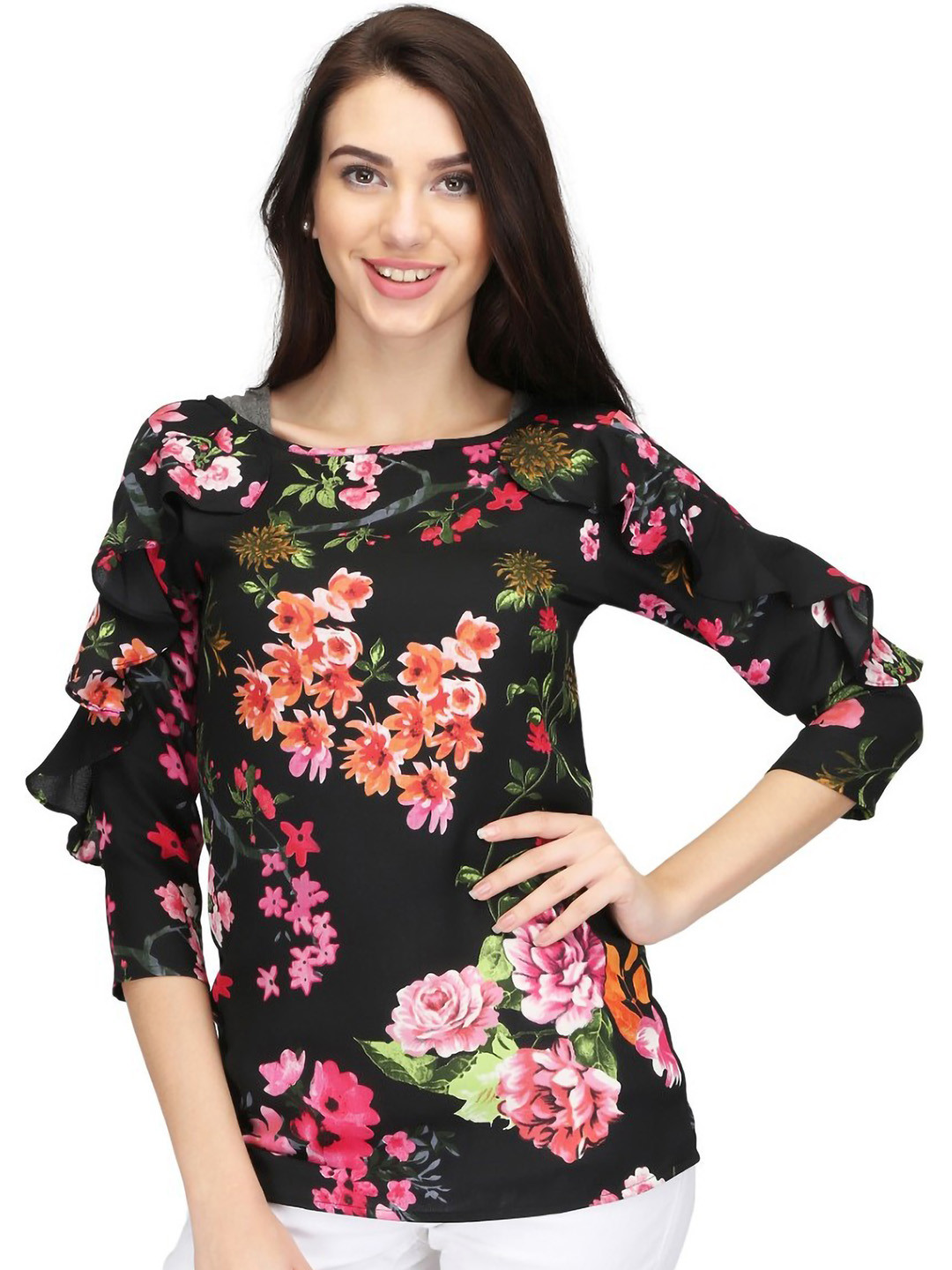 

Karmic Vision Floral Print Flutter Sleeve Crepe Top, Multi