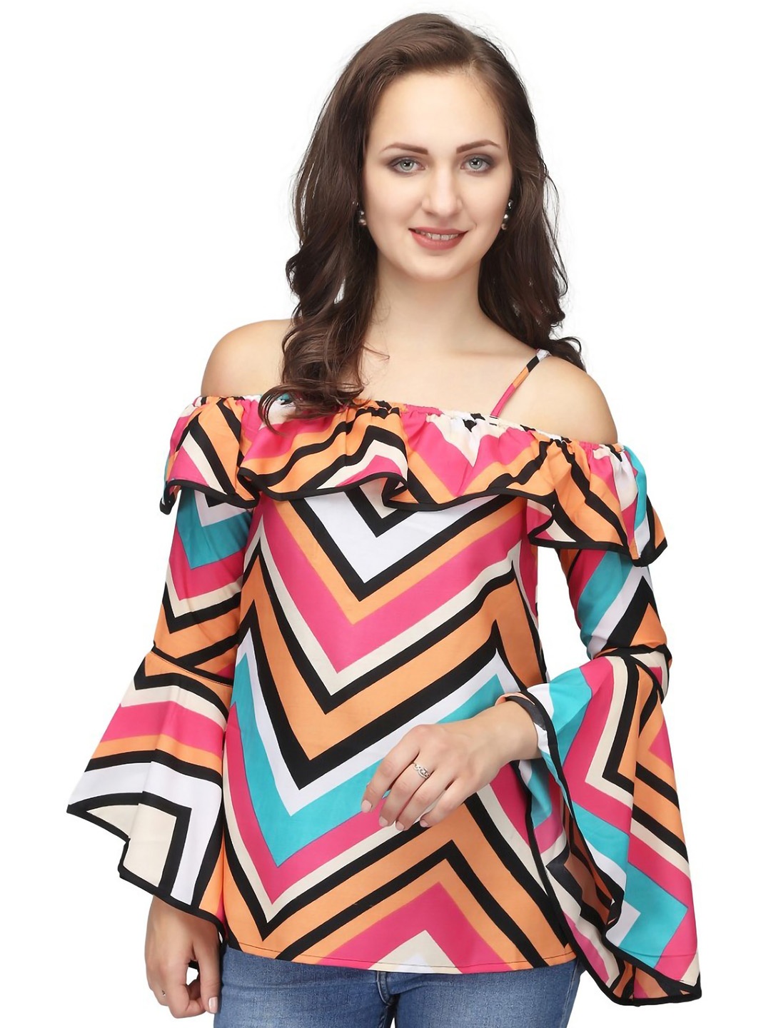 

Karmic Vision Geometric Print Bell Sleeve Crepe Bardot Top, Multi