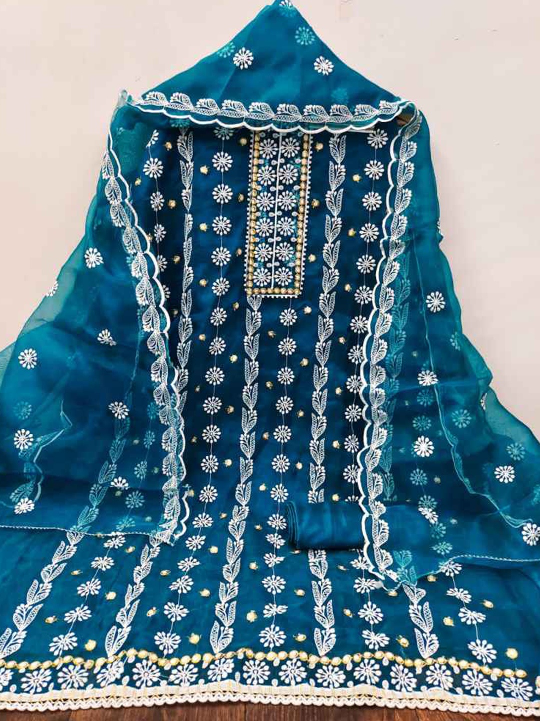 

faxofab Organza Unstitched Dress Material, Blue
