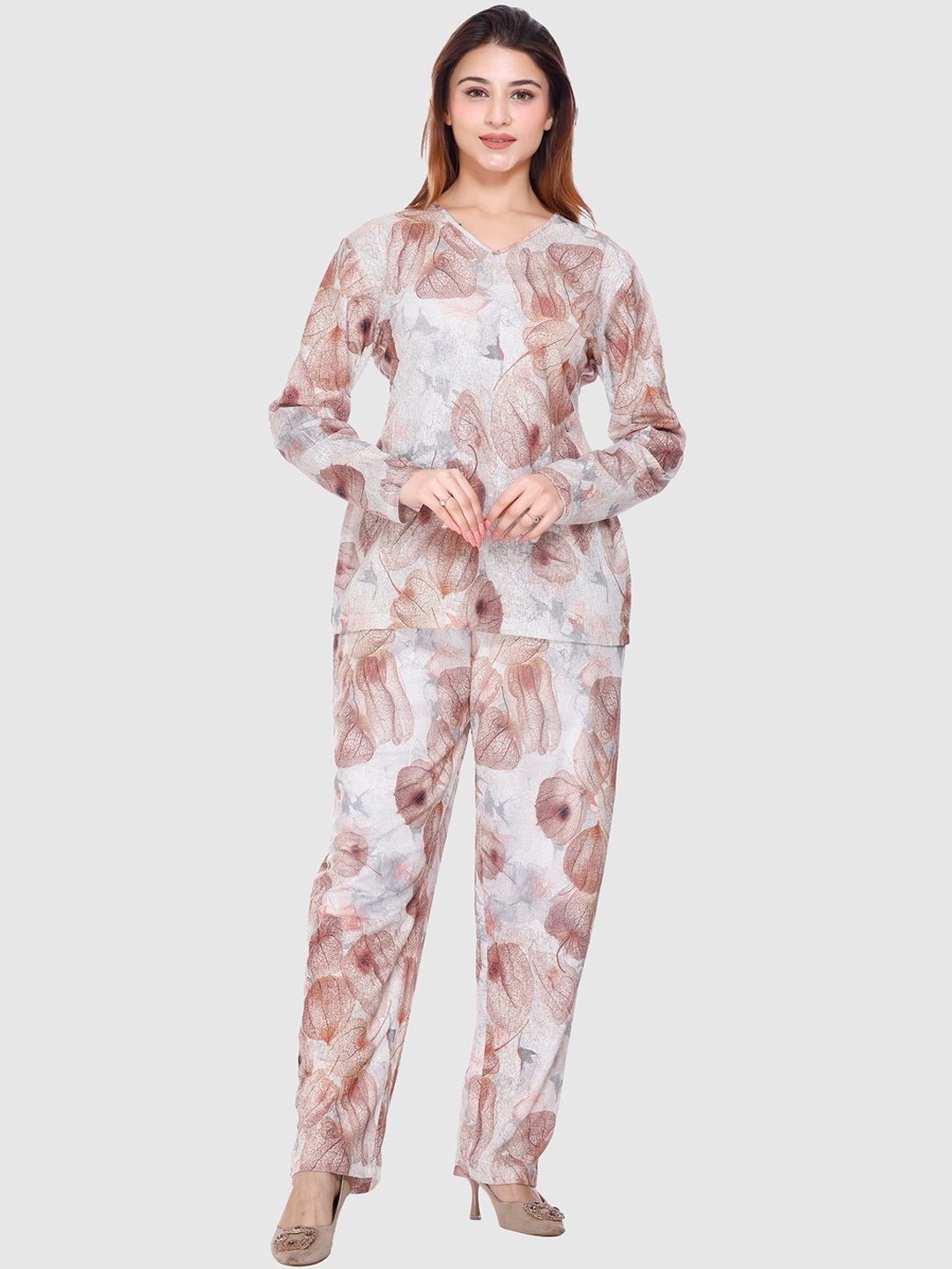 

Y&I Printed V-Neck Top & Trouser, Brown