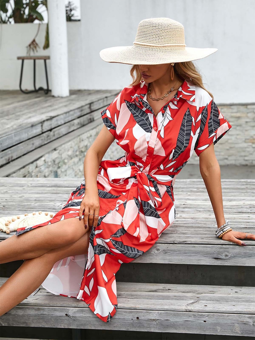 

StyleCast Red & White Floral Printed Shirt Midi Dress