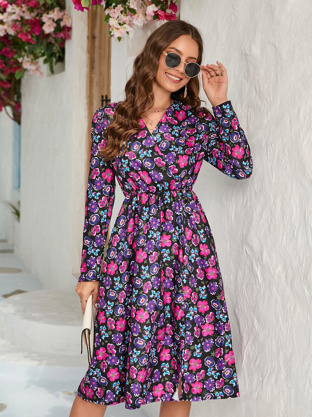 

StyleCast Navy Blue & Pink Floral Printed Fit & Flare Dress