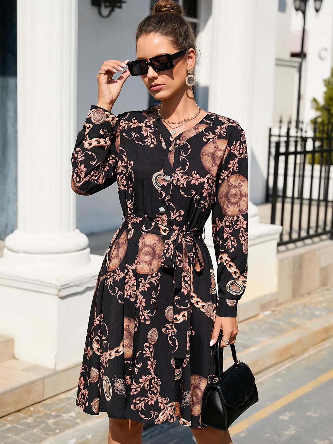 

StyleCast Black & Brown Floral Printed Tie-Up Neck Fit & Flare Dress