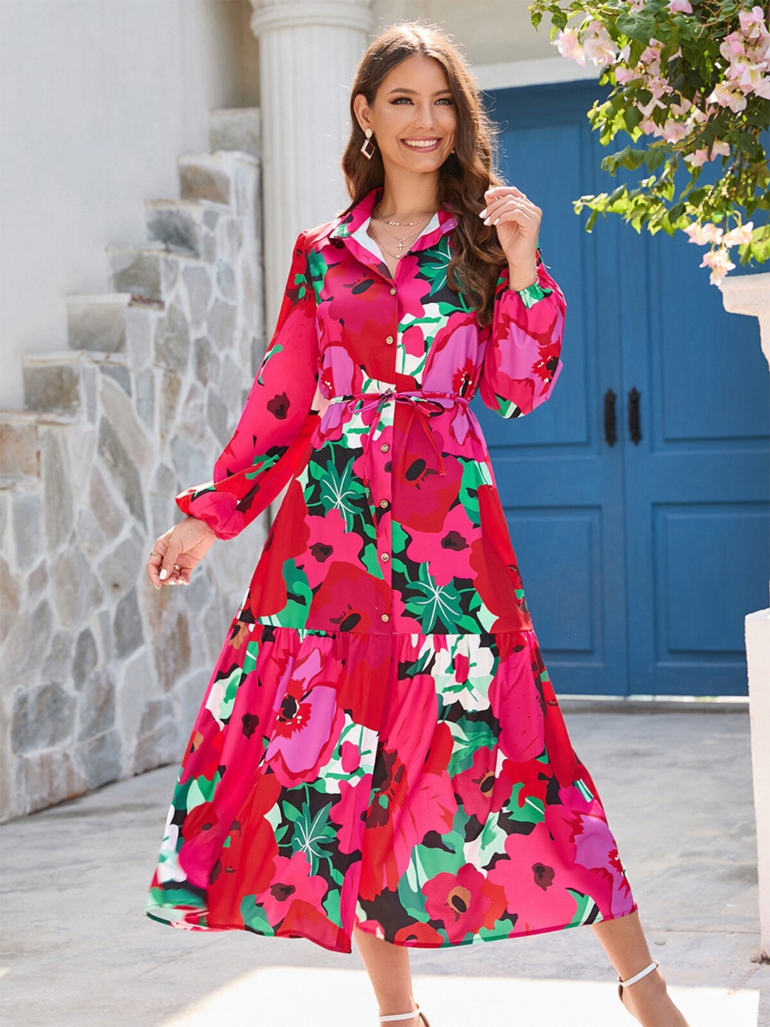 

StyleCast Floral Printed Shirt Midi Dress, Red