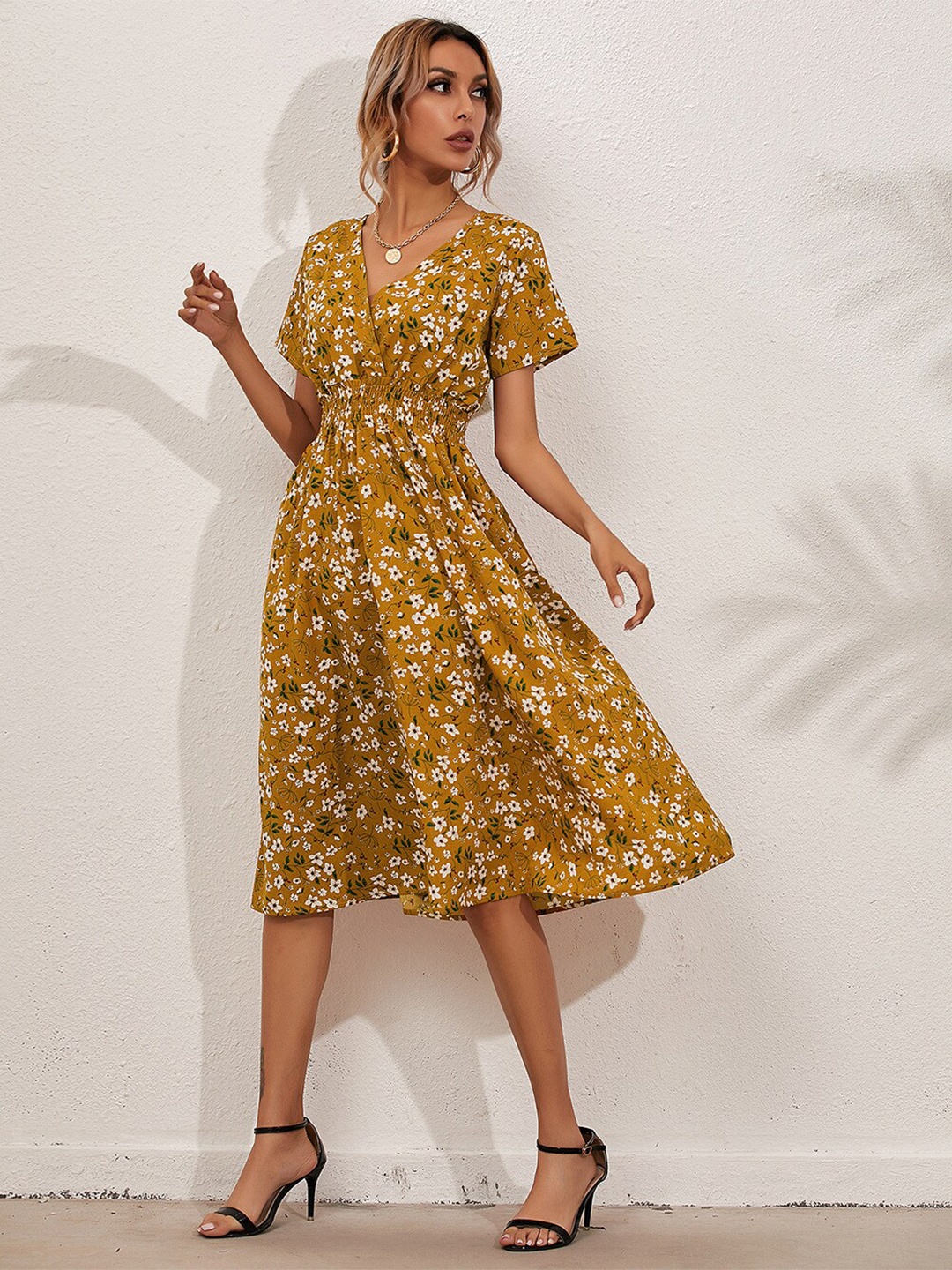 

StyleCast Floral Print Short Sleeves Fit & Flare Dress, Mustard