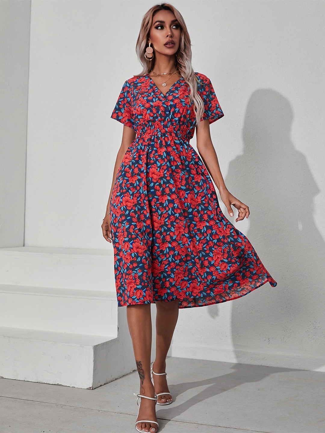 

StyleCast Floral Print Fit & Flare Short Sleeves Midi Dress, Navy blue