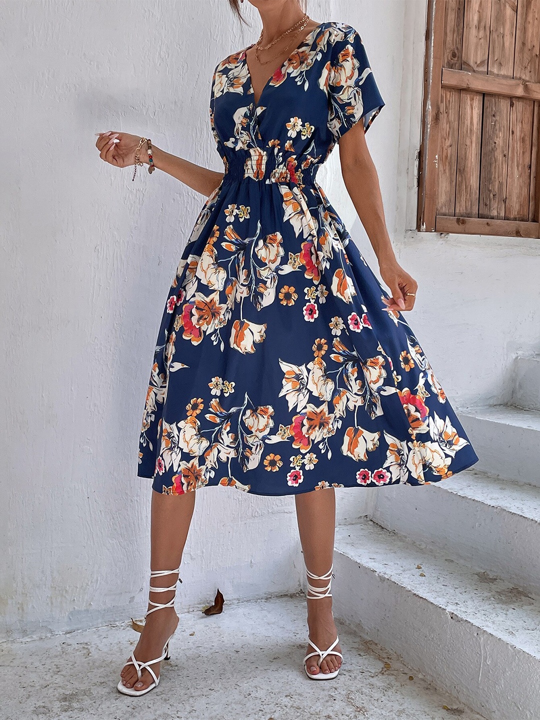 

StyleCast Navy Blue Floral Printed Smocked Fit & Flare Midi Dress