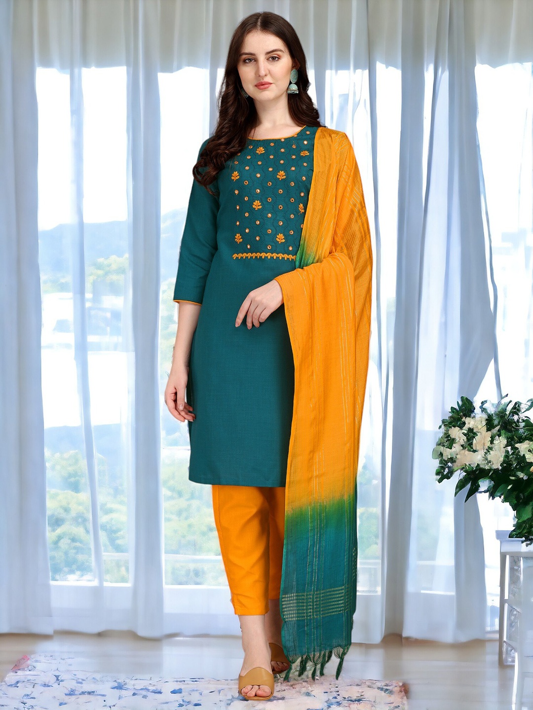 

MORLY Women Floral Embroidered Regular Mirror Work Kurta with Trousers & With Dupatta, Green