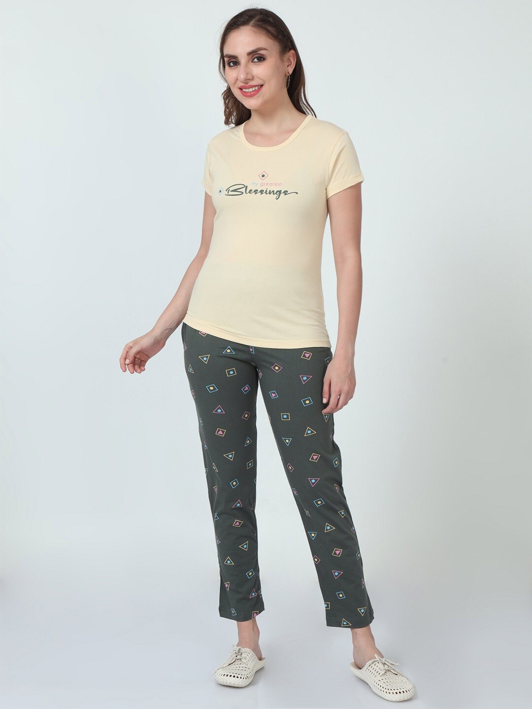 

ecott Printed Pure Cotton T-Shirt With Trousers, Cream